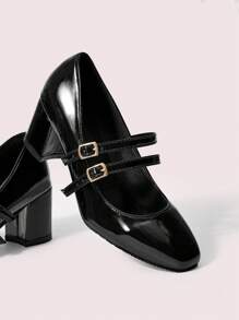 CUCCOO DOLLMOD 女士复古玛丽珍扣裸色高跟鞋，漆皮方头粗跟鞋，休闲日常校园风格，黑色鞋子圣诞节 - 黑色 - 查看 3