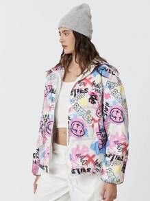 SHEIN EZwear Abrigo acolchado corto holgado con capucha, de patrón de teñido anudado y grafiti, informal de otoño invierno