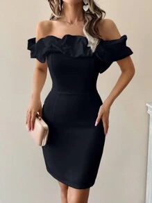 EURMUSE Elegant Dress With 3D Flower Design, Ruffle Hem, Off Shoulder - Black - View 5