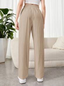 青少年女孩编织抽绳腰宽松直腿休闲裤 - 卡其色 - 查看 2