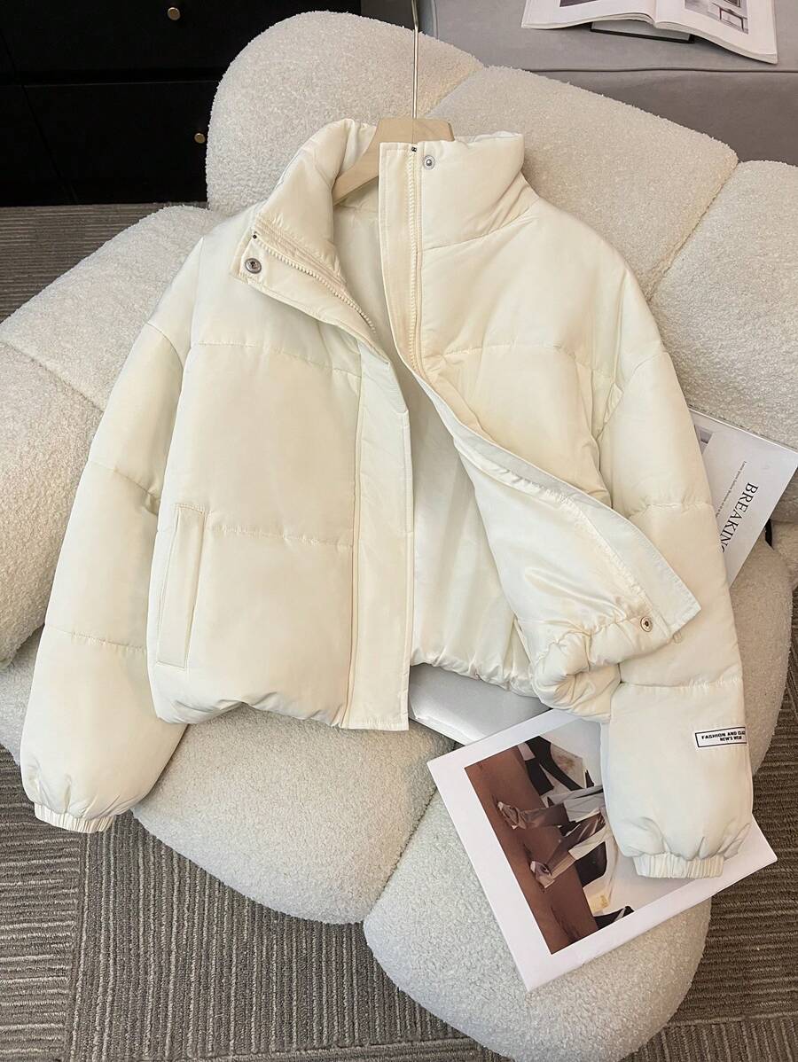 SHEIN Leap Crew Áo khoác mùa đông in chữ đơn giản, rộng rãi, có khóa kéo, cổ cao, túi màu trắng cho bé gái tuổi teen - Màu be - Xem 1