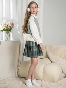SHEIN Set de 2 piezas Uniforme escolar informal para niña preadolescente: chaleco de punto y falda