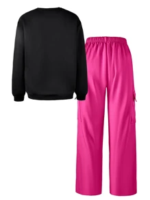 SHEIN Explorewe Teen Girls Street Style Long Sleeve Vintage Print Sweatshirt And Cargo Pants 2 Pieces Set - Black - View 2