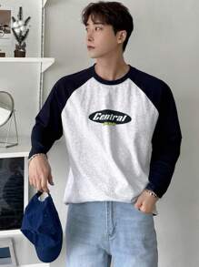 DAZY Camiseta de manga larga con cuello de tripulación estampado de letras y parches de unicolor para hombre, camisetas gráficas de verano - Azul y blanco - Ver 1