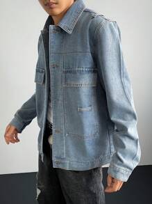 Manfinity Homme 男士前扣长袖仿口袋简约牛仔夹克，休闲日常穿着 - 藍色 - 查看 5