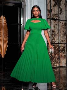 Faeriesty Cut Out Front Puff Sleeves Pleated Party Dress - Green - View 5