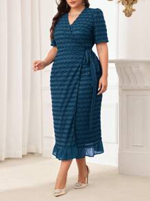 Modelyn Vestido elegante de talla grande para mujer con escote en V, parches de lentejuelas y cintura retorcida