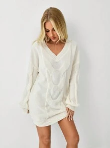 SHEIN Unity Women's Solid Color Long Sleeve Sweater Dress - White - View 5