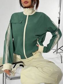 SHEIN Unity Women's Contrast Stripe Stand Collar Long Sleeve Jacket Fall Winter Cloth For Women - Green - View 5