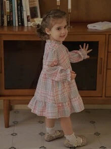 SHEIN 2pcs Baby Girl Plus Fleece Thick Vest Dress Suit, Pink Plaid Princess Dress, Spring Autumn - Pink - View 4