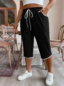 Plus Size Women Drawstring Waist Loose Fit Capri Pants With Pockets Graduation,Back To School Outfits,Graduation,Teacher Outfits For Women,Back To School