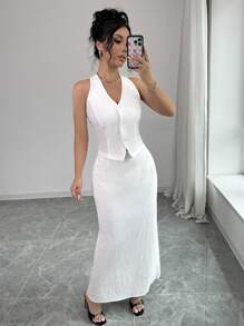 Chiquease 2 件套女士优雅休闲露背背心和长裙套装 - 白色 - 查看 6