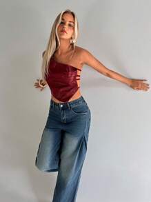 Aloruh Women Asymmetric Red PU Leather Backless Blouse - Red - View 3