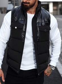 Manfinity Homme Men Pocket Design Casual Winter Matching Sleeveless Coat , Black Vest