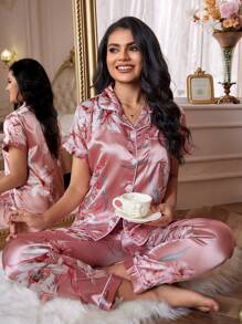 Floral Print Satin Lapel Pajama Set - Coral Pink - View 1