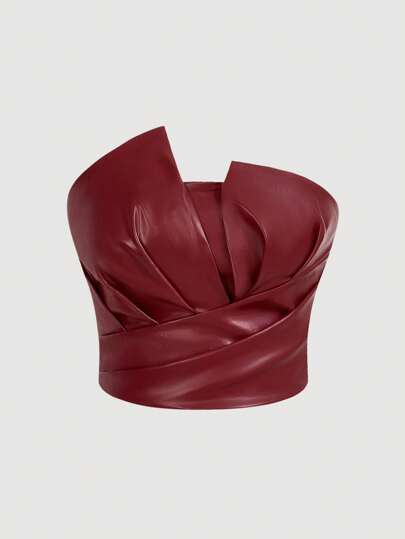 Firerie Women's Elegant Chic Vintage Sexy Street Wine Red Solid PU Asymmetric Cold Shoulder Tight PU Top, Burgundy Top,Pleated Wine Red Sleeveless Tops,Suitable For Parties,Fall,Daily Life, Commuting, Dates, Halloween, Christmas