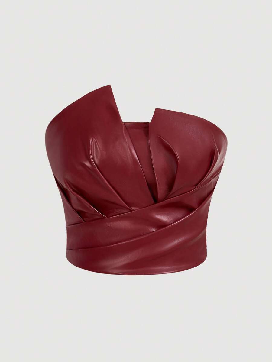 Firerie 女士优雅不对称露肩紧身 PU 衬衫，适合日常生活、通勤、约会、万圣节、圣诞节 - 酒紅色 - 查看 1