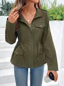 EMERY ROSE Zip-Up Stand Collar Long Sleeve Fitted Jacket Fall Winter Cloth For Women - Army Green - View 6