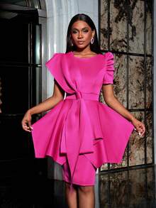 Faeriesty Puff Sleeve Bow Tie Cocktail Dress, Elegant Formal Gown For Wedding Guest, Suitable For Birthday, Graduation, Gala, Homecoming Party And Other Occasions - Hot Pink - View 3