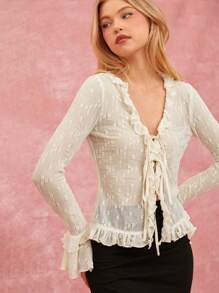 Enchnt Autumn New Women's Romantic And Exquisite Solid Color Lace Pleated Front Tie Long-Sleeved Casual Top, Autumn Top - Beige - View 7