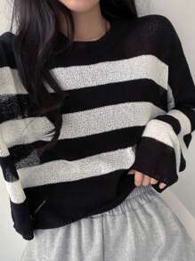DAZY 女士条纹宽松针织毛衣 - 黑與白 - 查看 1