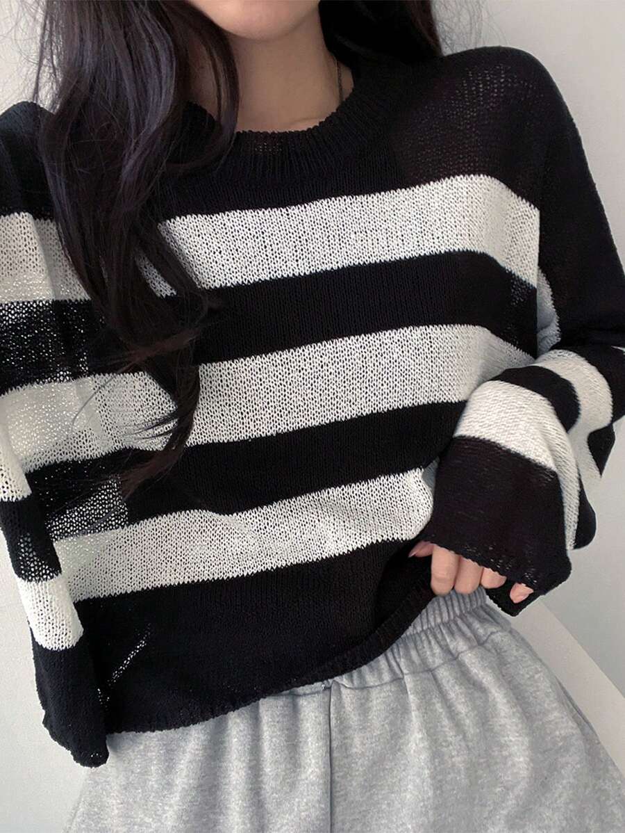 DAZY 女士条纹宽松针织毛衣 - 黑與白 - 查看 1