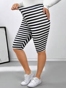 SHEIN Essnce 大码女式提臀紧身条纹印花打底裤，灰色 - 黑與白 - 查看 4