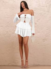 SHEIN BAE White,Summer,Seksi Chic,Club Night Women 2 Pieces Set Off Shoulder Hollow Out Button Slit Hem Top & Asymmetric Ruffle Hem Skirt Seaside Vacation Sweet - White - View 5
