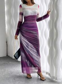 SHEIN Unity Đầm Maxi Tay Dài In Xếp Ly Cổ Tròn Cho Nữ Trang Phục Nữ - Màu tím - Xem 5