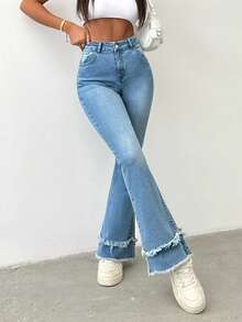Cottnline Quần Jeans Ống Loe Lưng Cao Có Viền Rách 97% Cotton - Rửa nhẹ - Xem 4
