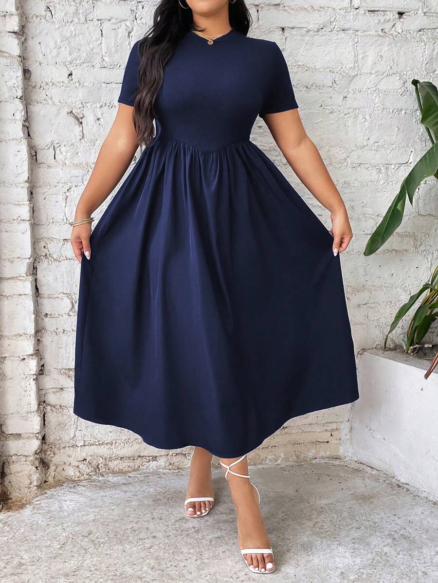 Vionelle Plus Size Solid Color Crew Neck Summer Vacation Short Sleeve Dress Maxi Women Outfit - Navy Blue - View 1