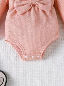 Baby Girls' Pink Textured Off-Shoulder Long Sleeve Bodysuit With Bow Decor & Headband, Spring/Fall - Pink - View 4