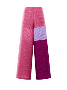 INAWLY Plus Size Women Contrast Color Knit Hollow Out Pants Fall Cloth For Women - Hot Pink - View 2