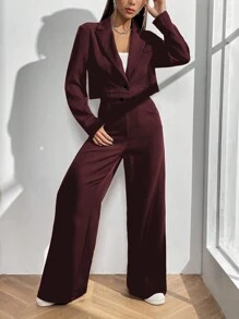 SHEIN ChicEase 2 件纯色领口前排纽扣短款上衣和裤子休闲套装 - 酒紅色 - 查看 5