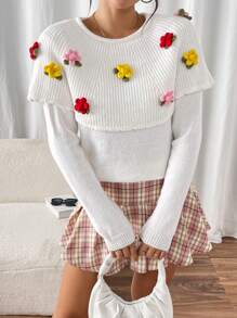 Chiquease Floral Decor Crew Neck Long Sleeve Sweater, Knit Pullover Fall Winter - White - View 6