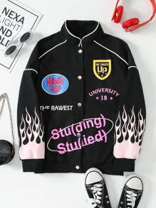 Tween Girls' Long Sleeve Letter & Flame Print Fashion Jacket - Black - View 1