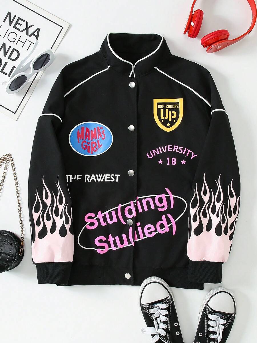 Tween Girls' Long Sleeve Letter & Flame Print Fashion Jacket - Black - View 1