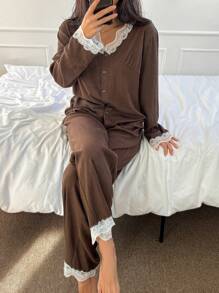 DAZY Lace Patchwork Knit Pajama Set - Coffee Brown - View 1