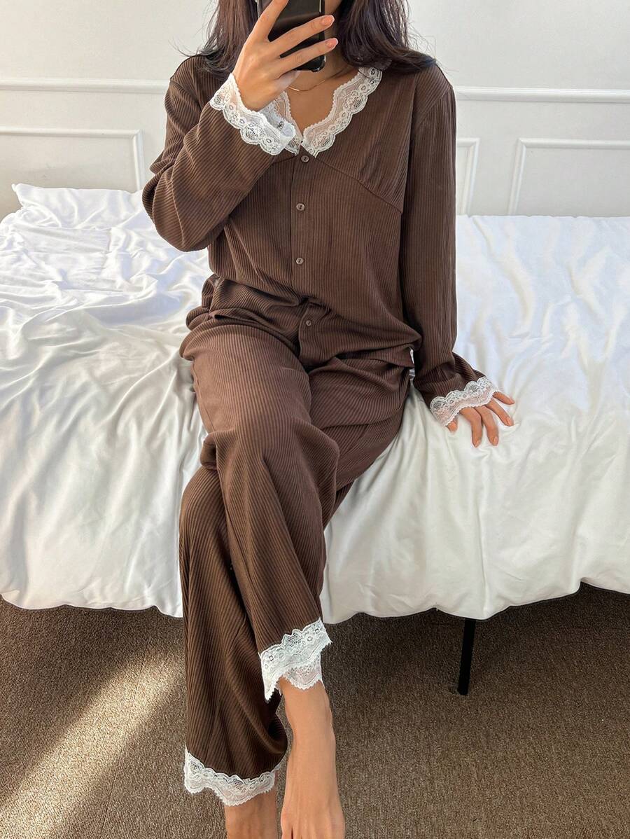 DAZY Lace Patchwork Knit Pajama Set - Coffee Brown - View 1