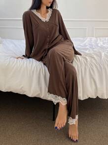 DAZY Lace Patchwork Knit Pajama Set - Coffee Brown - View 4