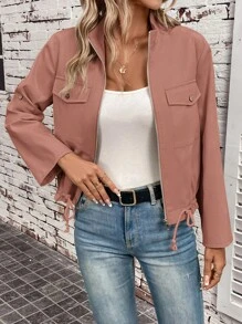 SHEIN LUNE Spring & Autumn Casual Solid Stand Collar Drawstring Hem Rolled Sleeve Short Jacket - Coral Pink - View 4