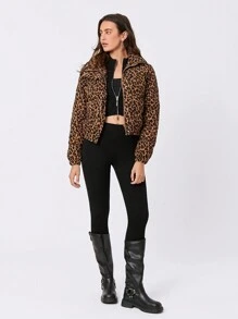 Easelle Snap-Button Leopard Print Corduroy Down Jacket - Brown - View 4