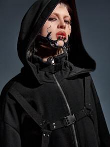 ROMWE Grunge Punk Áo hoodie oversize phong cách đường phố có dây rút màu đen trơn dành cho nữ - màu đen - Xem 2