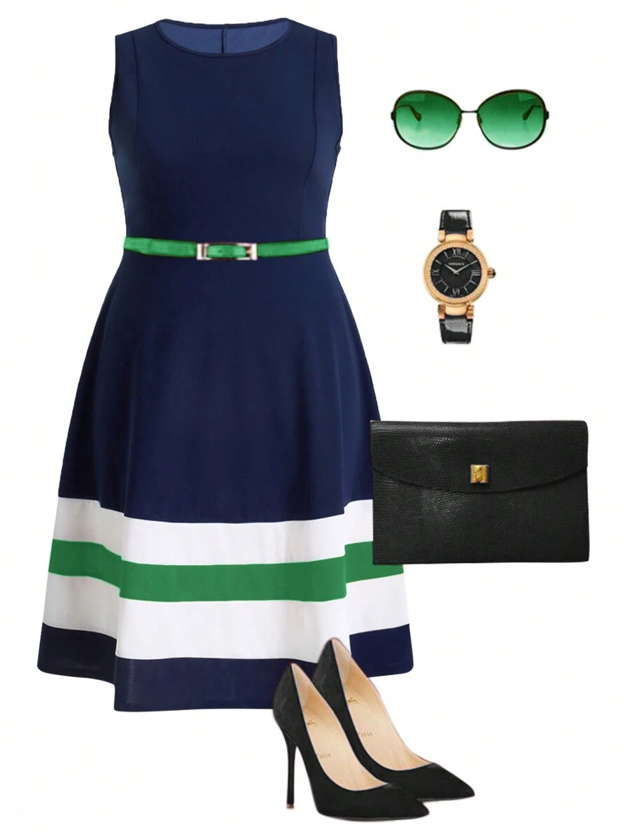 SHEIN Clasi Váy không tay thời trang và cổ điển cỡ lớn dành cho nữ, đa năng và dễ phối đồ - màu xanh lá - Xem 1