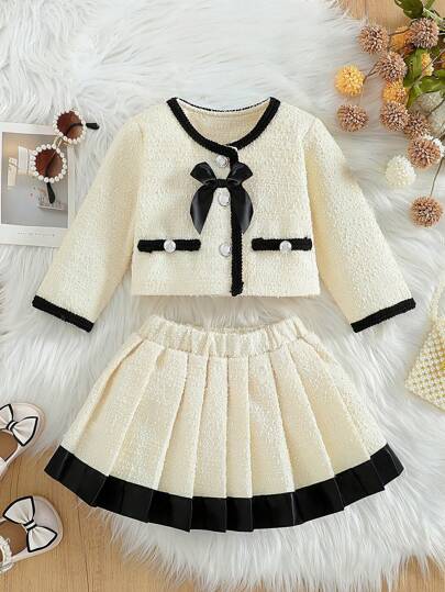 SHEIN 2pcs Baby Girl Bow Design Long Sleeve Elegant Jacket And Contrast Color Pleated Skirt Set, Suitable For Spring/Autumn Party & Events