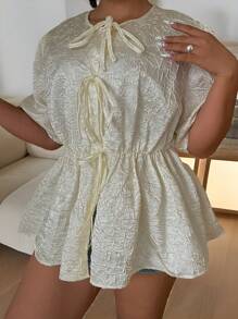 SHEIN Clasi Plus Size Elegant Solid Color Textured Tie-Waist Shirt, Summer - Apricot - View 5