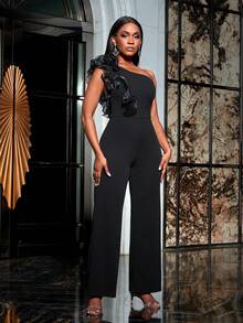 Faeriesty Ruffle Trim Sloping Neck Party Jumpsuit - Black - View 5