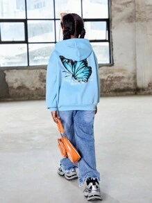 SHEIN Tween 女童休闲蝴蝶印花保暖内衬连帽卫衣 - 藍色 - 查看 7