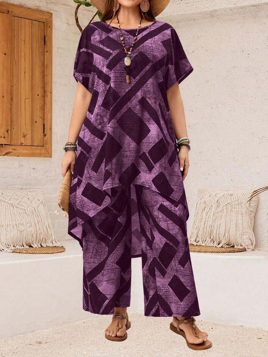 EMERY ROSE 2 bộ đồ áo và quần in họa tiết hình học cỡ lớn cho nữ, đi nghỉ thường ngày - Màu tím - Xem 1