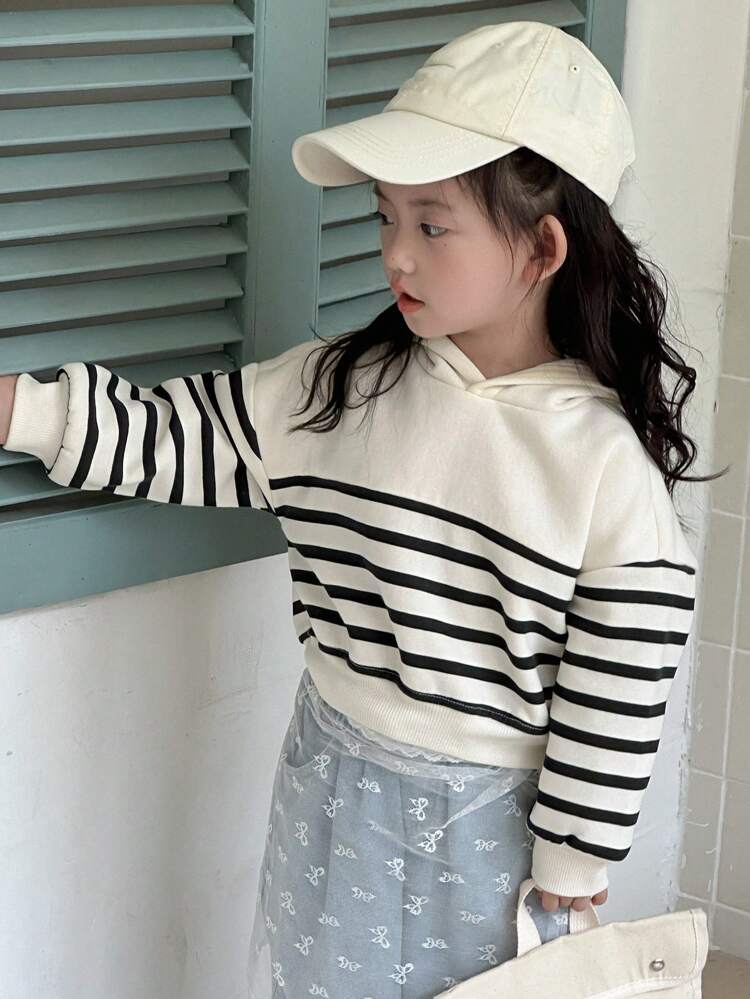Sudadera con capucha de rayas con forro térmico de punto para niñas, ropa de otoño